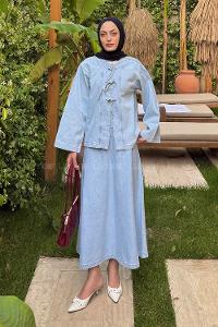 Lamelif Bağcık Detaylı Denim Takım Buz Mavisi
