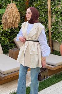 Lamelif Kemer Detaylı Keten Blazer Yelek Taş Rengi