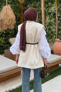 Lamelif Kemer Detaylı Keten Blazer Yelek Taş Rengi