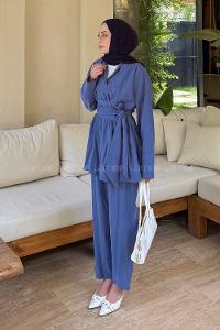 Lamelif Modal Kuşaklı Takım İndigo