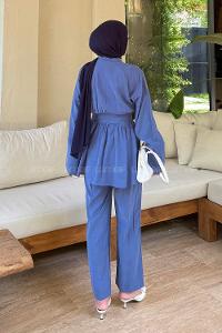 Lamelif Modal Kuşaklı Takım İndigo