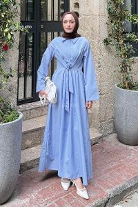 Lamelif Ön Bağlama Detaylı Tesettür Elbise Mavi