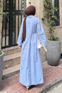 Lamelif Ön Bağlama Detaylı Tesettür Elbise Mavi