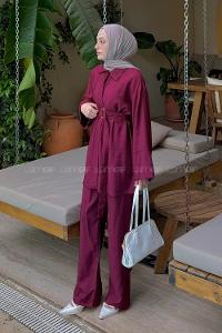 Lamelif Süs Dikişli Kemerli Takım Bordo