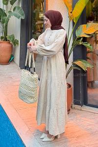 Lamelif Bel Büzgülü Tesettür Elbise Bej