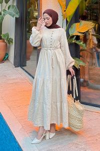 Lamelif Bel Büzgülü Tesettür Elbise Bej