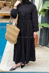 Lamelif Bel Büzgülü Tesettür Elbise Siyah