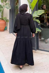 Lamelif Bel Büzgülü Tesettür Elbise Siyah