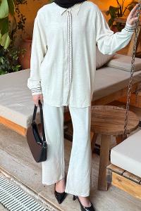 Lamelif Etnik Nakış Detaylı Keten Gömlek-Pantolon Takım Taş Rengi