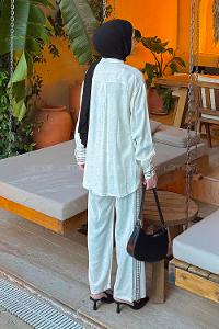 Lamelif Etnik Nakış Detaylı Keten Gömlek-Pantolon Takım Taş Rengi