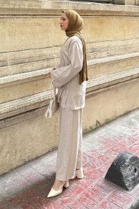 Lamelif Kimono-Pantolon Takım Taş Rengi
