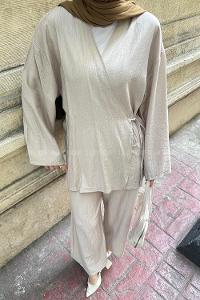 Lamelif Kimono-Pantolon Takım Taş Rengi