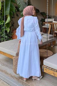 Lamelif Ön Düğmeli Fırfır Detaylı İkili Takım Beyaz