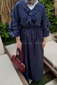 Lamelif Ön Düğmeli Fırfır Detaylı İkili Takım Lacivert