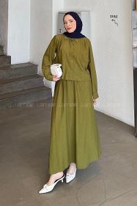 Lamelif Omuz Pile Detaylı Etekli Takım Fıstık Yeşili