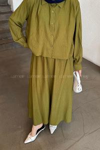 Lamelif Omuz Pile Detaylı Etekli Takım Fıstık Yeşili