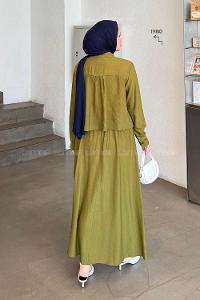 Lamelif Omuz Pile Detaylı Etekli Takım Fıstık Yeşili