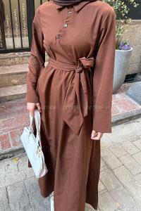 Düğme Detaylı Tesettür Elbise Acı Kahve