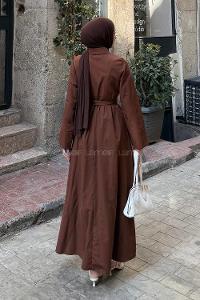 Düğme Detaylı Tesettür Elbise Acı Kahve