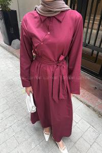Lamelif Düğme Detaylı Tesettür Elbise Bordo