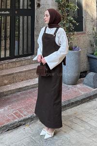 Lamelif Kanguru Cepli Tesettür Elbise Acı Kahve