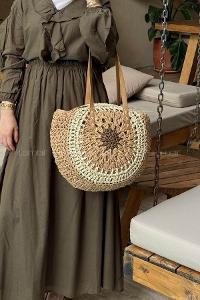 Lamelif Bloklu El Örgüsü Hasır Kadın Yuvarlak Omuz Çanta 