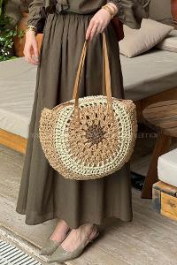 Lamelif Bloklu El Örgüsü Hasır Kadın Yuvarlak Omuz Çanta 