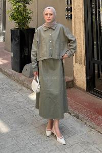 Lamelif Cep Detaylı İkili Etek Tesettür Takım Haki