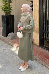 Lamelif Cep Detaylı İkili Etek Tesettür Takım Haki