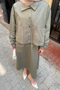 Lamelif Cep Detaylı İkili Etek Tesettür Takım Haki