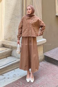 Lamelif Cep Detaylı İkili Etek Tesettür Takım Kahverengi