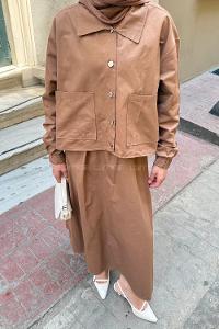 Lamelif Cep Detaylı İkili Etek Tesettür Takım Kahverengi