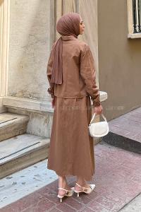 Lamelif Cep Detaylı İkili Etek Tesettür Takım Kahverengi