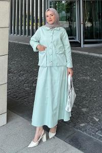 Mint Green-1 Shirt Collar Long Arm Gabardin Flare Suit