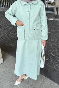 Mint Green-1 Shirt Collar Long Arm Gabardin Flare Suit