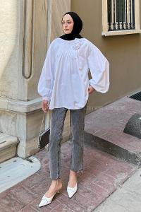 White Normal Neck Long Arm Cotton Blouse