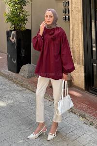 Claret Red Normal Neck Long Arm Cotton Blouse