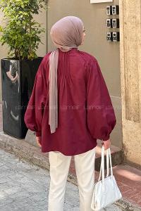 Claret Red Normal Neck Long Arm Cotton Blouse