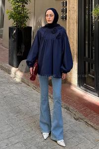 Navy Blue Normal Neck Long Arm Cotton Blouse