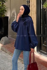 Navy Blue Normal Neck Long Arm Cotton Blouse