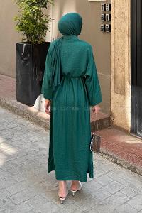 Lamelif Pat Detaylı Elbise Zümrüt Yeşili