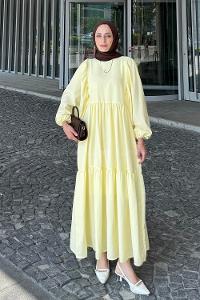 Lamelif Balon Kol Katlı Tesettür Elbise Sarı