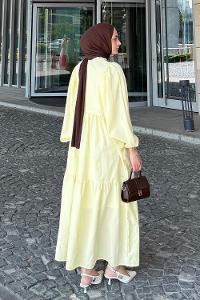 Lamelif Balon Kol Katlı Tesettür Elbise Sarı