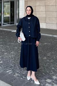 Lamelif Cep Detaylı İkili Etek Tesettür Takım Lacivert