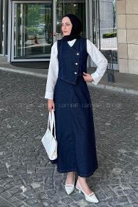 Denim Blue V Neck Sleeveless Arm Denim Straight Skirt Suit