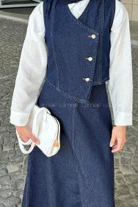 Denim Blue V Neck Sleeveless Arm Denim Straight Skirt Suit