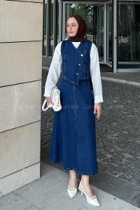 Blue V Neck Sleeveless Arm Denim Straight Skirt Suit