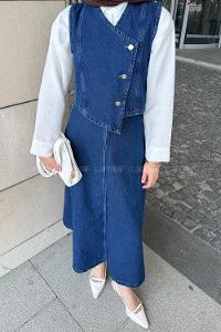 Blue V Neck Sleeveless Arm Denim Straight Skirt Suit