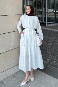 Ecru Shirt Collar Long Arm Linen Flare Suit