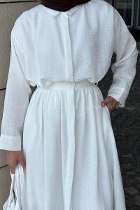 Ecru Shirt Collar Long Arm Linen Flare Suit